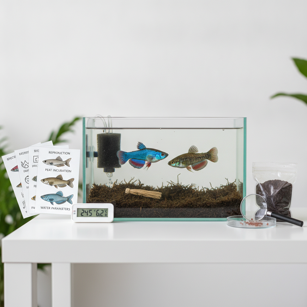 Qual o tamanho mínimo e o setup simplificado de aquário para a reprodução eficiente de um par de killifish anuais brasileiros?